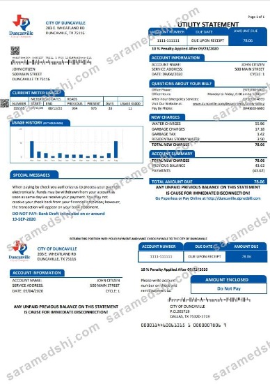 USA Texas City of Duncanville water, sewer, garbage utility bill template in Word and PDF format